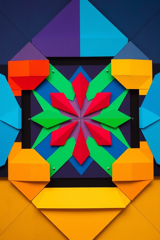 Create an abstract geometric design with vibrant colors and contrasting shapes, captured with a DSLR camera using a 50mm lens at f/1.8, ISO 100, and a shutter speed of 1/250s from an overhead view to emphasize depth and detail.