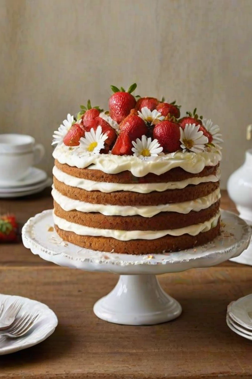 Create an image of a three-layer cake on a rustic cake stand. The cake should be decorated with fresh strawberries and edible flowers, such as daisies. The frosting should look creamy and inviting, with some strawberries peeking out from between the layers. The background should have a soft, pastel color to enhance the cake's appeal. Include a few scattered strawberries and flowers around the base for added charm.