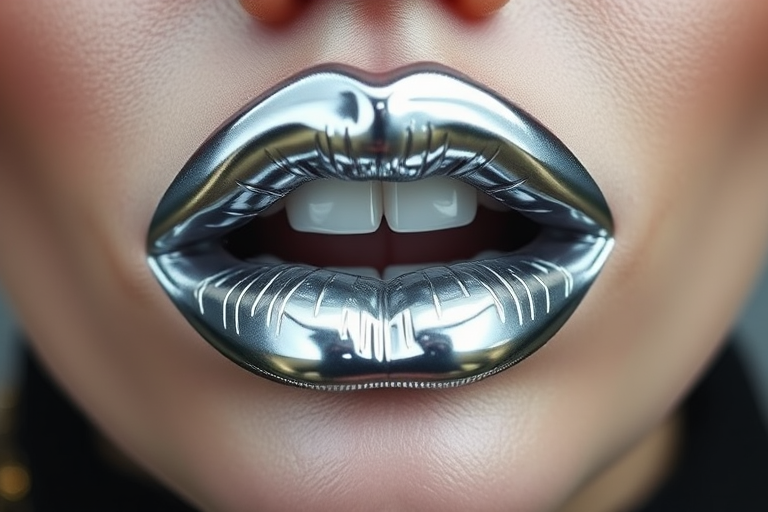 Metallic silver lips named "Liquid Mercury" showcase a futuristic and space-age appearance with a mirror-like finish, ideal for sci-fi themed events