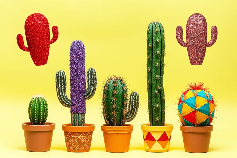 Create an artistic representation of six stylized cacti, incorporating various textures and colors like red polka dots, glittery purple, and multicolored geometric patterns, using a DSLR camera with a 50mm lens at f/2.8, ISO 100, and a focus on vibrant colors in a bright, natural light setting.