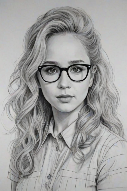 Pleasing Juno Temple, pencil sketch, portrait of Elegant woman 1958s in glasses, hair style beatnik, outline, clear lines, fine lines, 8k