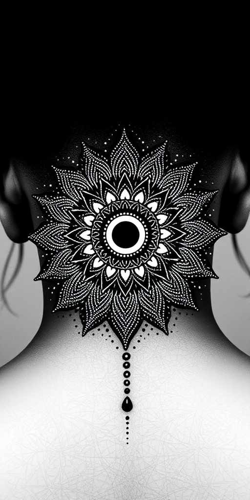 Dotwork mandala sun and moon design on back of neck, intricate patterns created entirely with tiny dots, gradient effect from black to gray