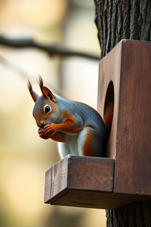 squirrel eating a nut on a wooden birdhouse with a blurred tree background, taken with a Canon EOS 5D Mark IV, 85mm lens, f/2.8, ISO 400, 1/250s, soft focus background, natural light