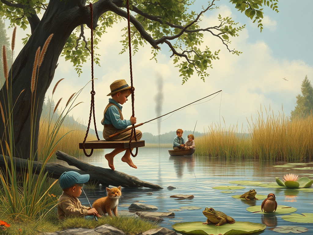 Imagine a small group of old fashioned young boys out fishing by the creek, a swing hanging from a tree branch, reeds and grasses by the water's edge, a frog sitting on a lily pad, dragonflies hovering over som water plans, a very iconic old fashioned scene reminiscent of a Norman Rockwell painting style