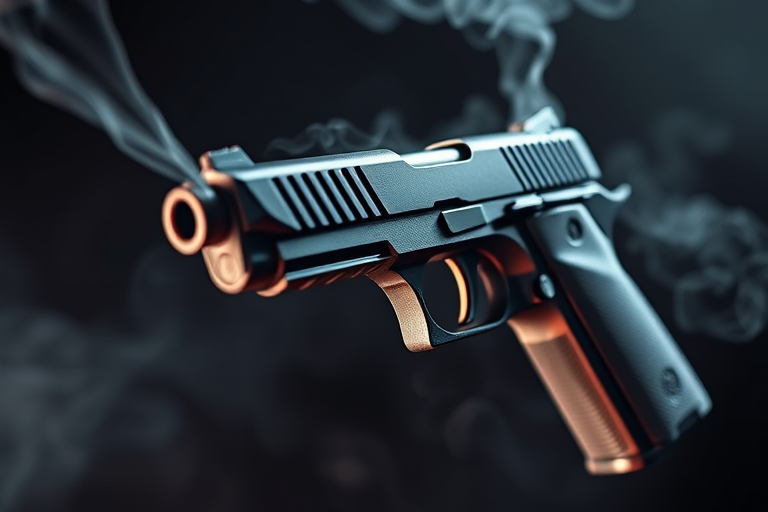 Create a realistic digital illustration of a semi-automatic pistol with smoke rising from the barrel, featuring detailed textures, metallic highlights, and a dramatic lighting effect, captured with a DSLR camera at f/2.8 aperture, 50mm lens, ISO 100, and a shallow depth of field to enhance foreground focus.
