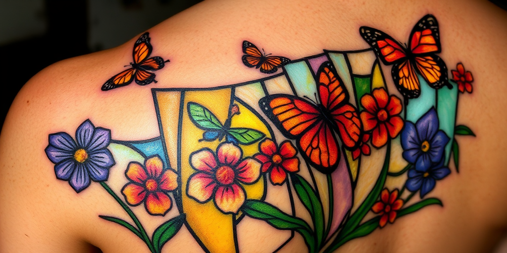 Stained glass tattoo called "Luminary Mosaic" depicting a nature scene with vibrant flowers and butterflies, rendered in the style of a stained glass window with bold black outlines separating distinct color segments, creating a luminous effect on the skin