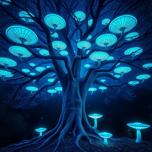 Create an artistic representation of a fantastical tree with luminescent mushroom-like platforms in vibrant shades of blue and green, captured with a Canon EOS R5, 35mm lens, f/2.8 aperture, ISO 100, in a soft-focus style to enhance its ethereal quality.