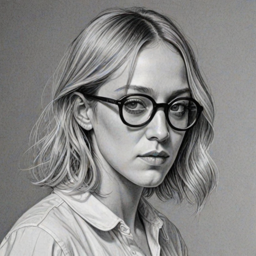 Attractive Chloe Sevigny, pencil sketch, portrait of Stunning woman 1974s in glasses, hair style beatnik, outline, clear lines, fine lines, 8k