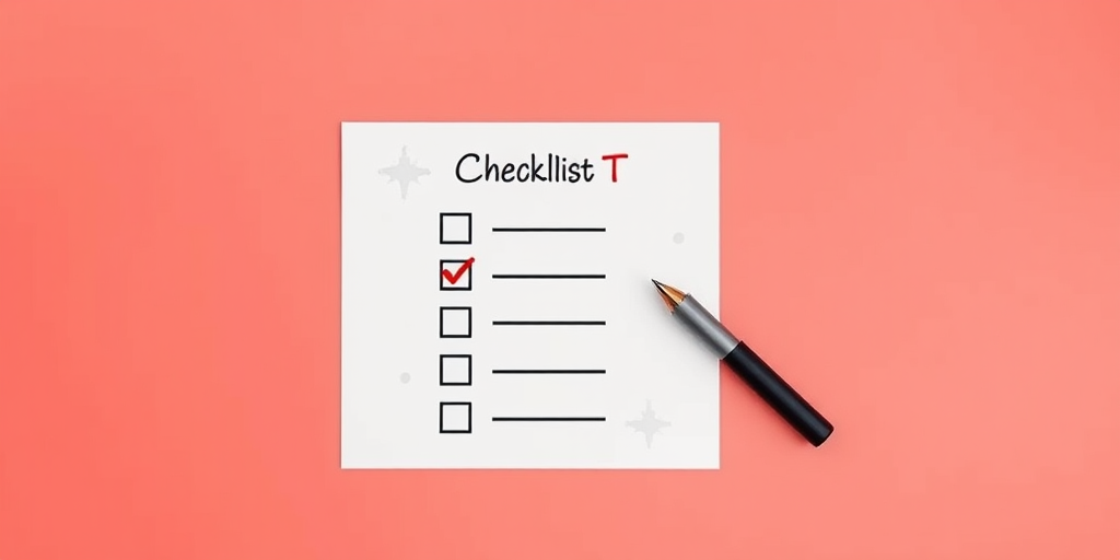 Create a vector-style checklist on a vibrant coral background, use a DSLR camera with a 50mm lens, aperture set to f/1.8 for soft background blur, ISO 100, and a top-down view for flat lay styling to enhance image quality.