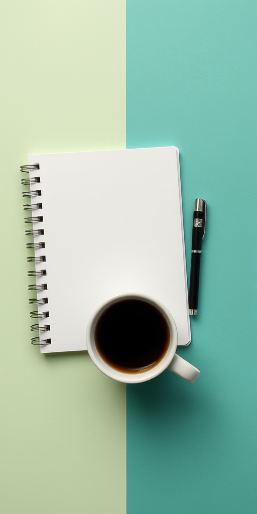 Still life composition featuring a blank spiral notebook, a black pen, and a cup of coffee on a split background of light green and teal, captured with a Canon EOS R5, 50mm lens, aperture f/1.8, shutter speed 1/125s, ISO 100, overhead view, soft natural lighting for enhanced clarity and detail.