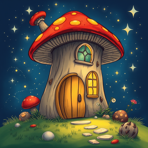 this image is illustration of a mushroom house with a door and a window, a storybook , fantasy art, mushroom house, bg starry sky, sparkles