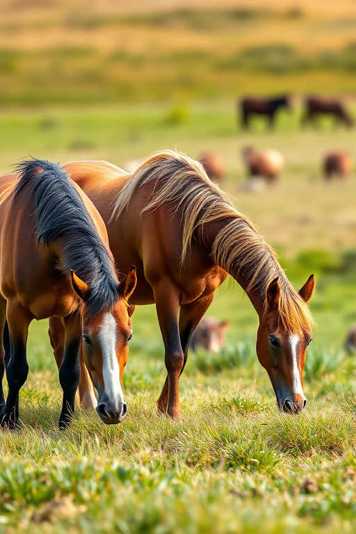Three Przewalski's horses grazing in a grassy field, captured with a Canon EOS 5D Mark IV, 85mm lens, aperture f/4, ISO 200, natural lighting, shallow depth of field, focus on the horses with a blurred background.