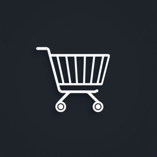 Create a high-resolution image of a shopping cart icon with a sleek minimalistic design, utilizing a 50mm lens, aperture f/1.8, ISO 100, shot in natural light with a focus on smooth lines and geometric shapes, captured on a DSLR camera from a straight-on view.