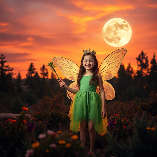 A vivid photo  taken under a bright camera flash of a fantastical scene set against a backdrop of a forest during sunset. The main subject is a girl dressed as a fairy, adorned with translucent wings and a green dress, holding a wand, her face is happy, and she wears a crown on her head. The forest behind her is a blend of flowers, shrubs and trees. The sky is painted in hues of orange and pink, with a large, glowing moon casting a warm glow over the scene. The overall color palette is dominated by earthy tones.