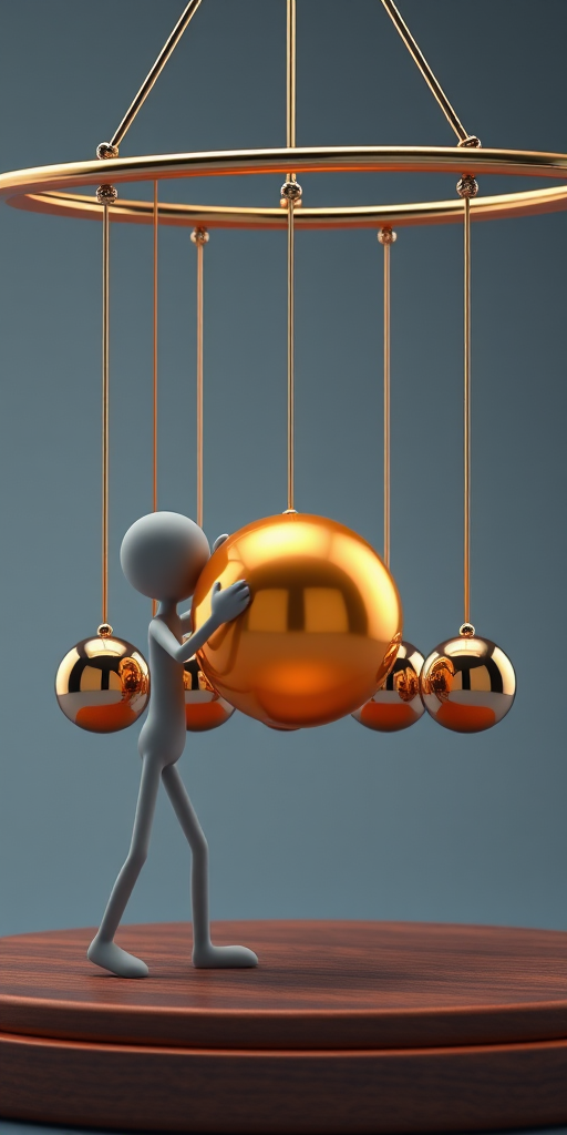 Create a high-resolution 3D render of a stick figure holding a shiny golden ball while five metallic balls hang in a Newton's cradle setup, use a 50mm lens with f/4 aperture, ISO 100, and soft diffused lighting to enhance image quality from a slightly low angle perspective.
