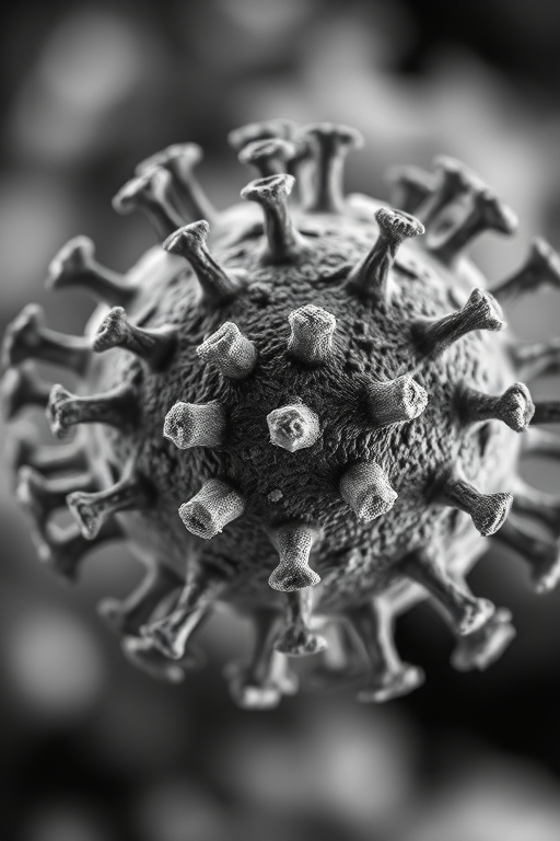 macro photograph of a virus with sharp details and high contrast, f/2.8 aperture, ISO 100, 100mm lens, focal length 100mm, DSLR camera, natural lighting, monochrome style