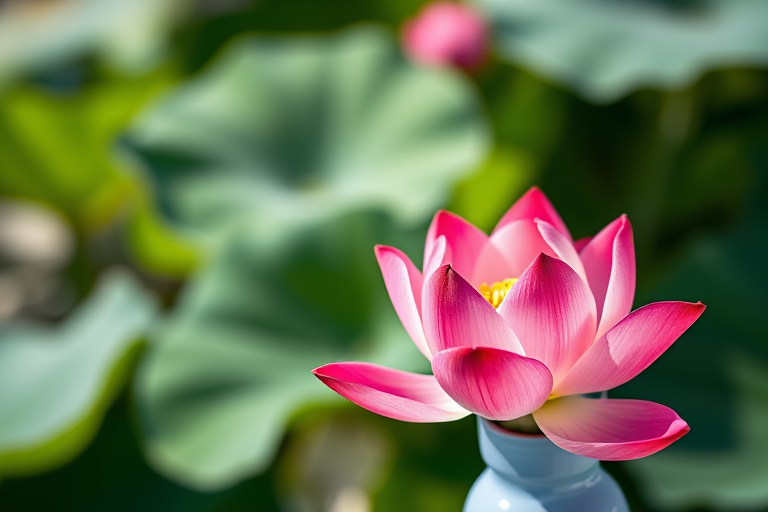 A vibrant pink lotus flower in a pale blue vase with a smooth finish, captured in soft natural light, shallow depth of field, shot with a DSLR camera at f/2.8, 50mm lens, focus on the flower, high resolution for sharp details.