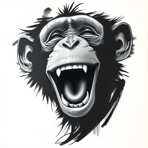 Abstract black and white acrylic portrait of an over exaggerated laughing (monkey). Minimalism style. White background.