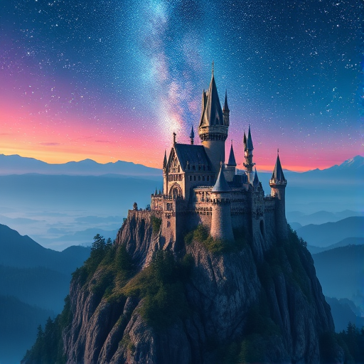 Create a high-resolution illustration of a fantasy landscape featuring a majestic castle on a cliff under a starry sky, captured with a Canon EOS R5 camera, 24mm lens, f/2.8 aperture, ISO 100, with a wide-angle view and vibrant colors to enhance details and depth.