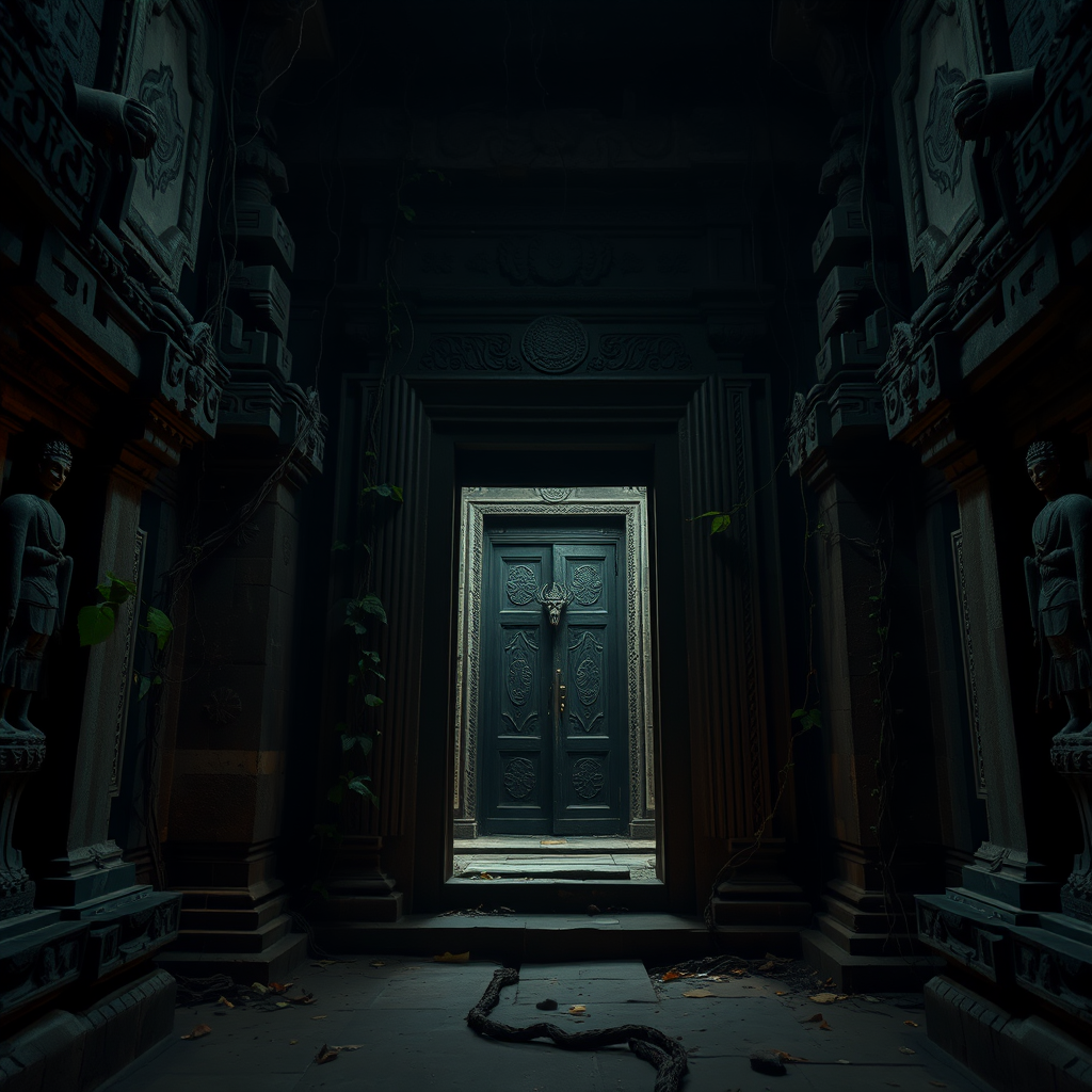 dimly lit ancient temple entrance surrounded by ornate stone carvings and tangled vines with a mystical glow emanating from the doorway, captured with a Canon EOS R5, 24mm f/1.4 lens, ISO 800, aperture f/4, shutter speed 1/60s, cinematic lighting, wide-angle view