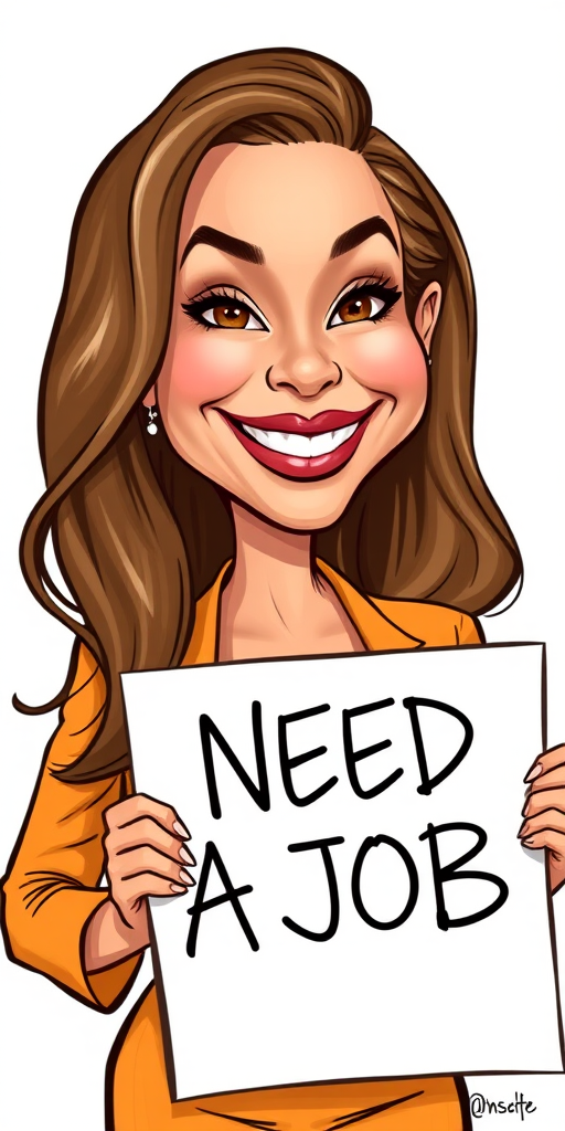 caricature of a smiling Jennifer Lopez in a Ochre dress or suit, holding up a sign that says "NEED A JOB", no watermark,