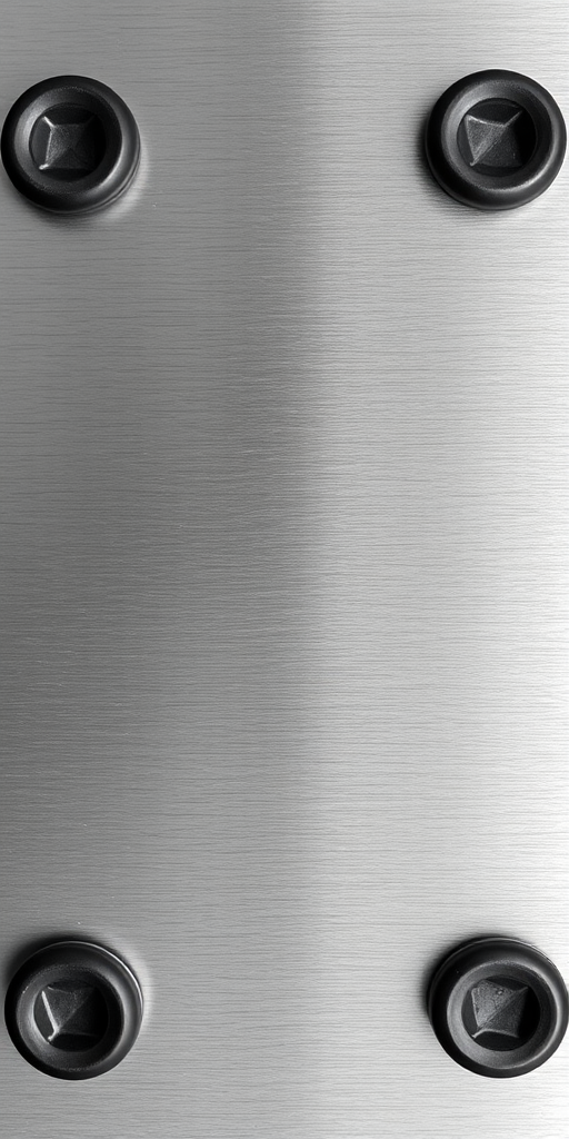 high-resolution image of brushed silver metal texture with four black screws in the corners, macro lens, f/2.8 aperture, ISO 100, 50mm focal length, soft diffused lighting, top-down view