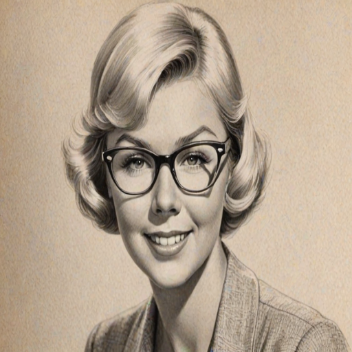 Fascinating Doris Day, pencil sketch, portrait of Enticing woman 1930s in glasses, hair style beatnik, outline, clear lines, fine lines, 8k