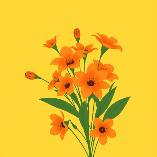 create a minimalistic illustration of a bouquet of orange flowers with green leaves set against a bright yellow background
