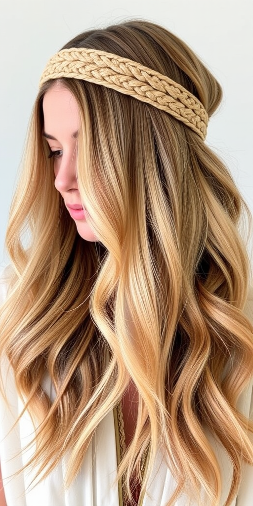 Bohemian-inspired long layers in warm honey blonde, styled with loose beachy waves and adorned with a macramé headband, perfect for free-spirited souls