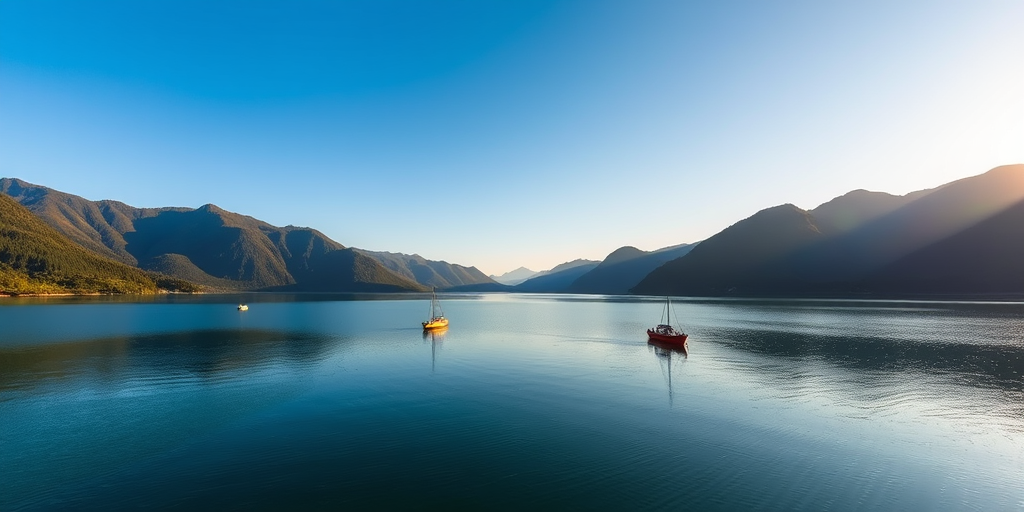 A serene landscape featuring a calm lake with boats, surrounded by lush green mountains and a clear blue sky, captured at sunrise with a Canon EOS 5D Mark IV, 50mm lens, aperture f/8, ISO 100, shutter speed 1/250s, in landscape orientation.