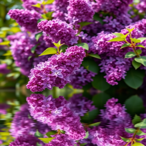 Generate a vibrant image of a lilac bush in full bloom with lush purple flowers, reflecting in a serene water surface, captured with a DSLR camera at f/8 aperture, 1/250 shutter speed, ISO 100, shot from a low angle perspective to enhance depth and detail, utilizing natural soft light for improved color accuracy.