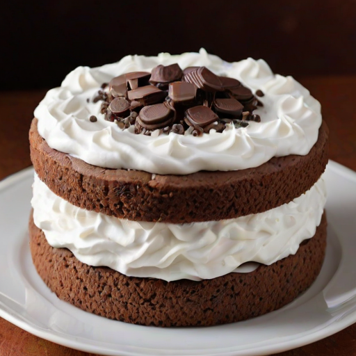 Create an image of a dessert featuring a round cake topped with fluffy white frosting. The cake should be adorned with whole chocolate sandwich cookies and crushed cookie pieces scattered on top. The background should be simple and elegant, highlighting the cake as the main focus.