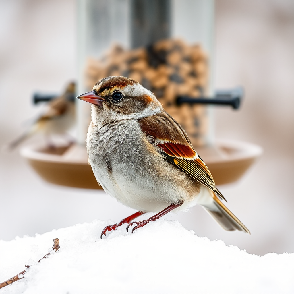 Capture a close-up of a sparrow perched on snow, with a blurred background of a bird feeder, using a DSLR camera at f/2.8 aperture, ISO 200, and a shutter speed of 1/500s, in natural light for enhanced detail and color vibrancy.