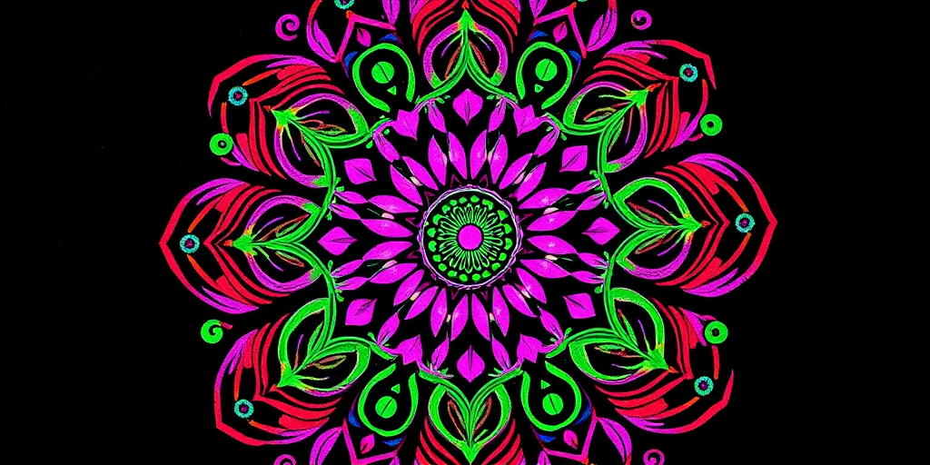 Create a vibrant and intricate mandala design featuring swirling patterns in pink, purple, green, and orange on a black background, captured using a DSLR camera at f/2.8 aperture, ISO 100, 50mm lens, styled with a macro view to enhance details.