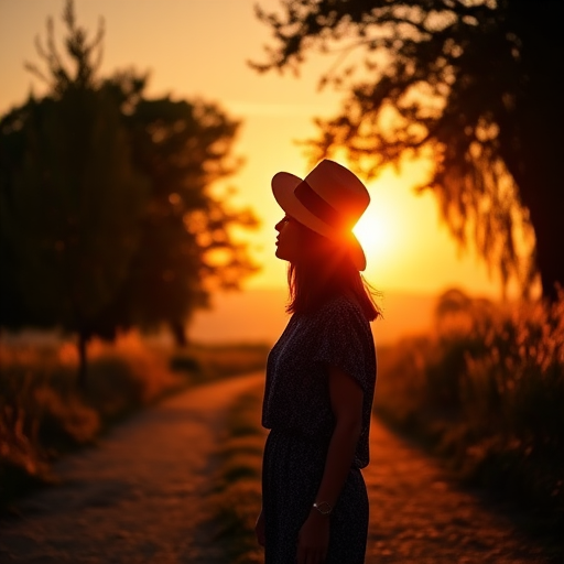 Generate an image of a silhouette of a woman wearing a wide-brimmed hat standing on a winding path during sunset, surrounded by trees and soft grass, captured with a DSLR camera at f/1.8 aperture, 50mm lens, ISO 100, with a warm color palette and high dynamic range for enhanced detail.
