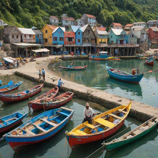 Picturesque fishing village, colorful boats tied to the docks, and fishermen mending their nets by the water's edge.