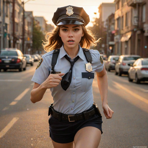 beautiful girl, beautiful face, running, angry,  cute body type, police cap, police, cop, police uniform, Beige, Blunt Cut,   Golden Hour Lighting,  Rule of thirds composition, ultra high res, masterpiece, (photorealistic:1.4), 1girl, cute