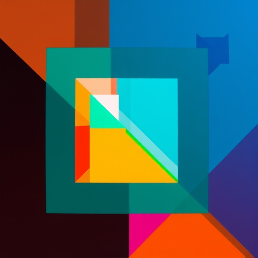 Generate a high-resolution abstract artwork with bold geometric shapes and vibrant colors, using a Canon EOS R5, 50mm lens, f/1.8 aperture, ISO 100, and a slight tilt-shift effect to enhance depth and focus.