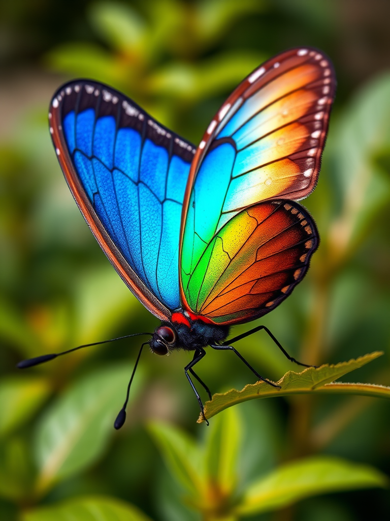 Create a highly detailed close-up of a vibrant butterfly with iridescent wings showcasing shades of blue, green, and orange, set against a lush, blurred background of foliage, captured with a macro lens at f/2.8, ISO 100, and a shutter speed of 1/200s, using a DSLR camera for enhanced sharpness and color richness.