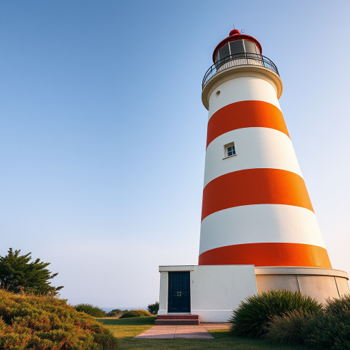Create a high-resolution image of a lighthouse with orange and white stripes, showcasing the bright light at the top, captured with a DSLR camera at f/8 aperture, 50mm lens, ISO 100, in a standard view with clear skies and vibrant colors.