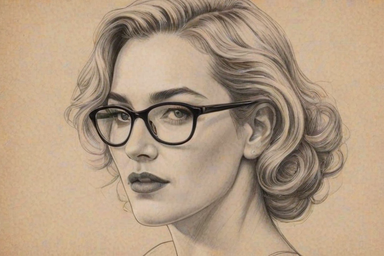 Sublime Kate Winslet, pencil sketch, portrait of Attractive woman 1920s in glasses, hair style beatnik, outline, clear lines, fine lines, 8k