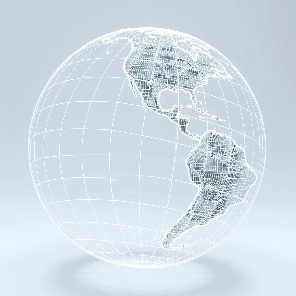Create a high-resolution 3D wireframe globe with intricate latitude and longitude lines, shot with a DSLR camera at f/8 aperture, ISO 100, and a 35mm lens, using a wide-angle view to capture the entire sphere with even lighting for enhanced detail and clarity.