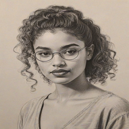 Enchanting Indya Moore, pencil sketch, portrait of Lovely woman 1955s in glasses, hair style beatnik, outline, clear lines, fine lines, 8k