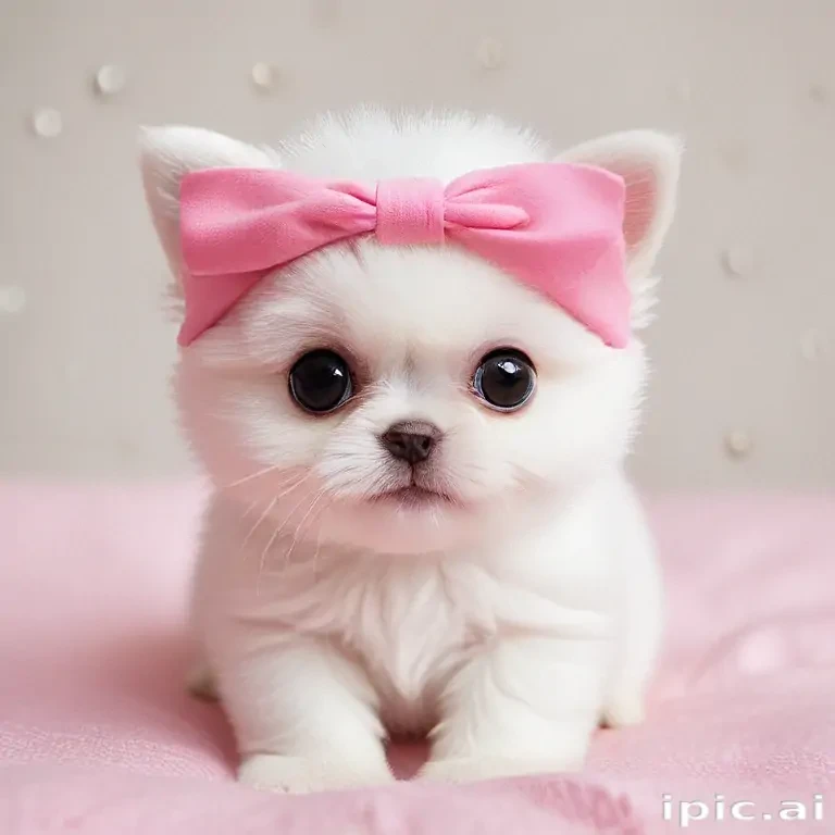 Adorable Fluffy White Puppy Wearing a Cute Pink Bow Headband
