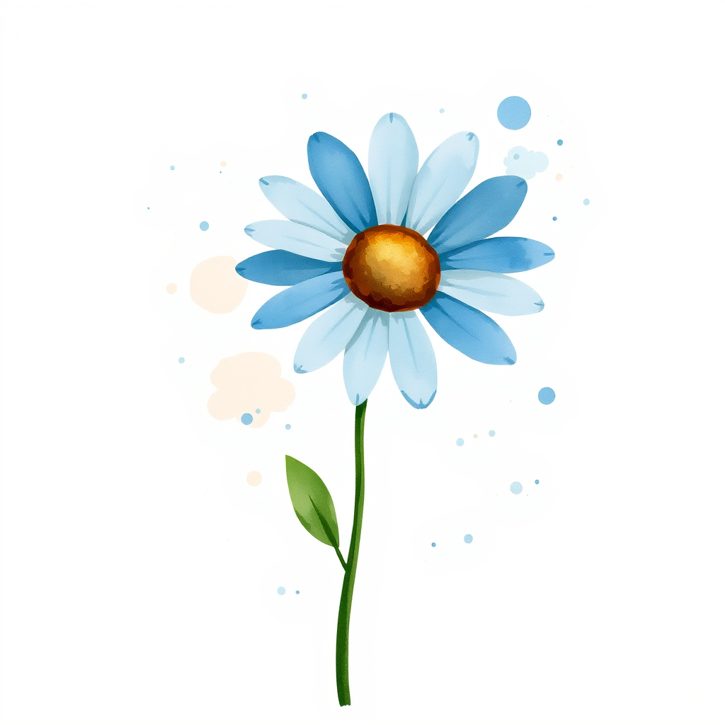 A single blue daisy flower in a loose, whimsical watercolor style. The petals are unevenly spread, with soft blue and brown tones. The stem is thin and slightly curved, with two green leaves, while watercolor splatters create an organic, artistic effect around the flower. The background is light beige with natural watercolor textures and splashes.