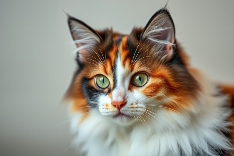 Photograph a fluffy calico cat with a soft focus background, using a Canon EOS 5D Mark IV camera, 50mm f/1.8 lens, aperture set to f/2.8, ISO 100, and a shutter speed of 1/200s, ensuring the lighting is soft and even to highlight the cat's fur and expressive eyes.