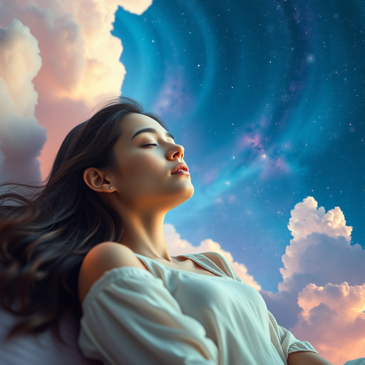a serene scene of a young woman peacefully dreaming amidst a cosmic background of swirling galaxies and vibrant clouds, captured using a Canon EOS R5 with a 50mm f/1.2 lens, soft focus with a shallow depth of field, shooting in portrait mode to enhance the ethereal quality, with natural soft lighting to illuminate her face gently