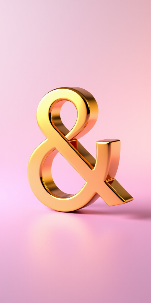 generate a high-resolution 3D render of a shiny gold ampersand symbol on a gradient background with a shallow depth of field, using a Canon EOS R5 camera with a 50mm f/1.2 lens, settings at ISO 100, f/1.2, shutter speed 1/200 sec, and soft diffused lighting