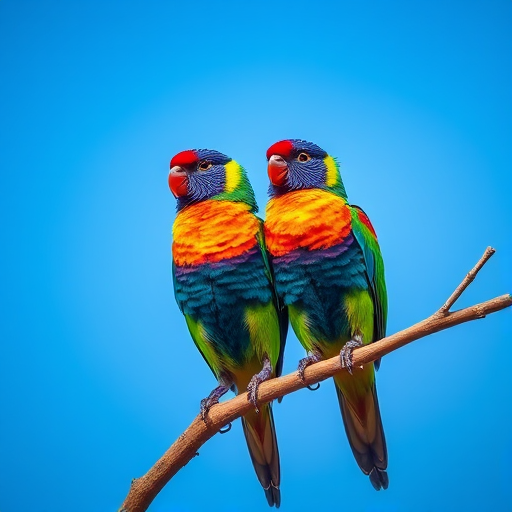 create an image of two colorful birds perched on a branch against a clear blue sky, capture in high resolution with a DSLR camera using a 70-200mm lens, aperture f/4, shutter speed 1/1000s, ISO 200, shot in natural light, focus on vibrant colors and sharp details, with a slight bokeh effect in the background