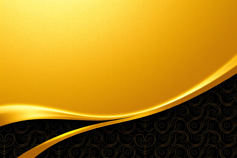 Create a high-resolution image of a luxurious gold background with a flowing golden curve and an intricate black pattern underneath, captured with a DSLR camera at f/2.8 aperture, ISO 100, 50mm lens, soft focus style, top-down view.